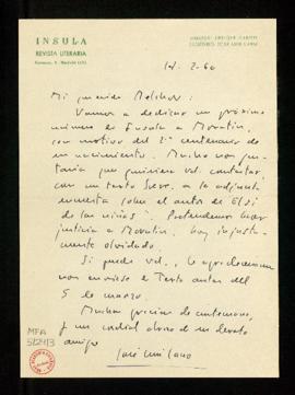 Carta de José Luis Cano, secretario de la revista Ínsula, a Melchor Fernández Almagro en la que l...