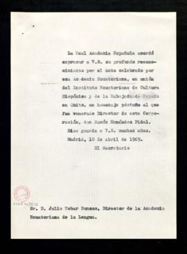 Copia sin firma del oficio del secretario a Julio Tobar Donoso, director de la Academia Ecuatoria...