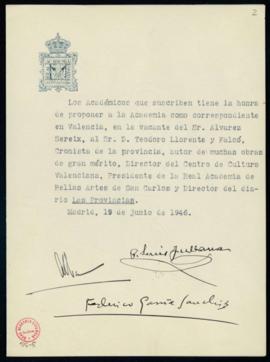 Propuesta de Teodoro Llorente y Falcó como académico correspondiente en Valencia, en la vacante d...