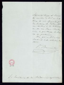Carta de Vicente Barrantes al secretario [Manuel Tamayo y Baus] con la que adjunta el segundo tom...