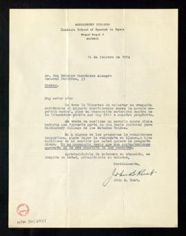 Carta de John B. Rust a Melchor Fernández Almagro con la que le envía un cuestionario sobre la no...