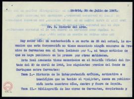 Carta del oficial de la secretaría a Ricardo del Arco y Garay en la que le indica que la Academia...
