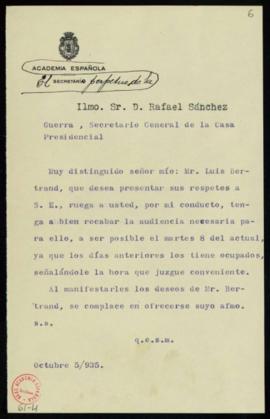 Minuta de la carta del secretario a Rafael Sánchez Guerra, secretario general de la Casa presiden...