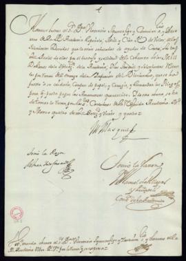 Orden del marqués de Villena de abono a Vincencio Squarzafigo de la cantidad de 10100 reales de v...