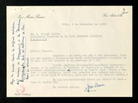 Carta de José María Pemán al secretario Rafael Lapesa con la que le remite una relación de sus di...