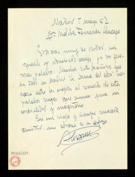 Carta de Alejandro Casona a Melchor Fernández Almagro en la que le agradece sus generosas palabra...