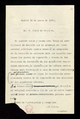 Minuta de la carta del secretario a Julio de Urquijo en la que le informa del rechazo de la junta...