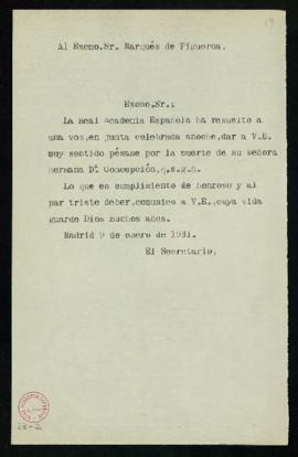 Minuta del oficio del secretario [Emilio Cotarelo] a Juan de Armada y Losada, marqués de Figueroa...