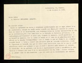 Carta de Manuel Aguirre de Cárcer a Melchor Fernández Almagro en la que lamenta que no haya podid...