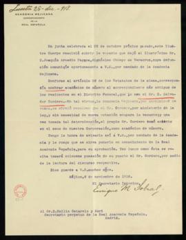 Oficio de Enrique M. Sobral, secretario interino de la Academia Mexicana, a Emilio Cotarelo, secr...
