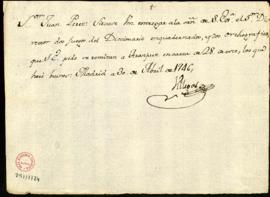 Orden de Manuel de Villegas a Juan Pérez para que entregue a la orden del director [Andrés Fernán...