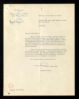 Carta de Gonzalo Aguirre, presidente de la Empresa Nacional Elcano de la Marina Mercante, a José ...