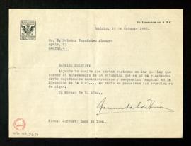 Carta de Torcuato Luca de Tena, director de ABC, a Melchor Fernández Almagro con la que le adjunt...