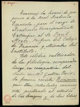 Propuesta firmada por M[arcelino] Menéndez y Pelayo, el marqués de Valmar [Leopoldo Augusto de Cu...