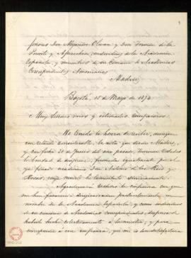 Carta de José Caicedo Rojas a Alejandro Oliván y Fermín de la Puente Apezechea en la que transmit...