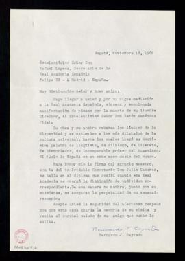 Carta de Bernardo J. Caycedo a Rafael Lapesa, secretario, en la que le envía el pésame por el fal...