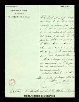 Carta de Julián de Diego [García-]Alcolea, secretario del obispado de Madrid-Alcalá, de comunicac...