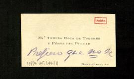 Tarjeta de M.ª Teresa Roca de Togores y Pérez del Pulgar