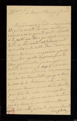Carta de Juan de la Pezuela al secretario, Manuel Tamayo y Baus, en la que lamenta no poder asist...