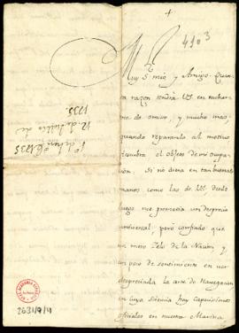 Carta de Juan José Navarro a Lope Hurtado de Mendoza en la que le pide disculpas por no haberle e...