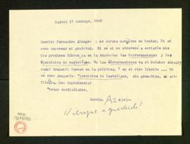 Carta de Azorín a Melchor Fernández Almagro en la que le expresa su gratitud y duda sobre enviarl...