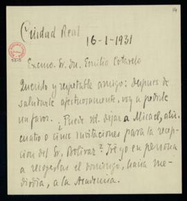 Carta de Luis Barreda a Emilio Cotarelo en la que le pide cuatro o cinco invitaciones para la rec...
