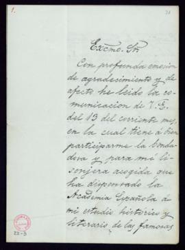 Carta del marqués de Valmar [Leopoldo Augusto García de Cueto] al director, el conde de Cheste, d...