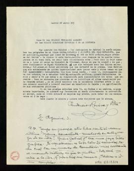 Carta de Prudencio Rovira y Pita a Melchor Fernández Almagro con la que le envía, por indicación ...