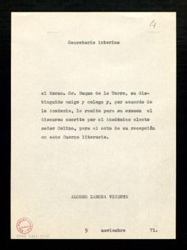 Copia sin firma del saluda del secretario interino, Alonso Zamora Vicente, al duque de la Torre, ...