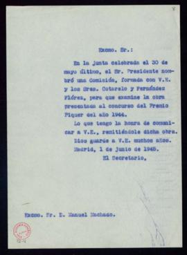 Copia sin firma del oficio del secretario a Manuel Machado y Ruiz de traslado de su designación c...