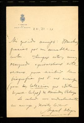Carta de Miguel Artigas, director de la Biblioteca Nacional, a Melchor Fernández Almagro en la qu...