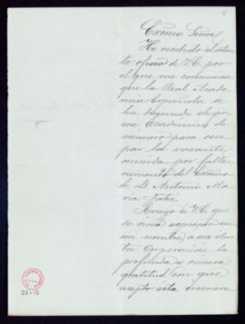 Carta de Ángel María Dacarrete al secretario, Mariano Catalina, de agradecimiento a la Academia p...