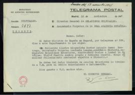 Telegrama postal del director general de Relaciones Culturales al secretario con la noticia del f...