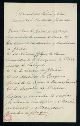 Nota de la relación de cargos, títulos y condecoraciones de Manuel del Palacio y Simó