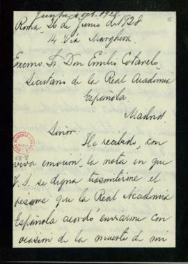 Carta de Antonio Gómez Restrepo a Emilio Cotarelo en la que acusa recibo del pésame por el fallec...