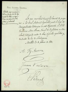 Propuesta firmada por Aureliano Fernández-Guerra, Juan Valera y Eduardo Benot de Guillermo Mac-Ph...