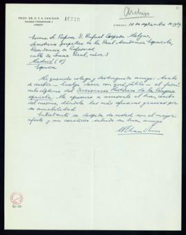 Carta de C. F. Adolf van Dam a Rafael Lapesa en la que acusa recibo del fascículo VII del Diccion...