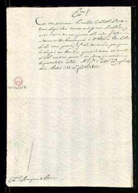 Copia de la carta de Vincencio Squarzafigo al marqués de Arienzo en la que anuncia que ha entrega...