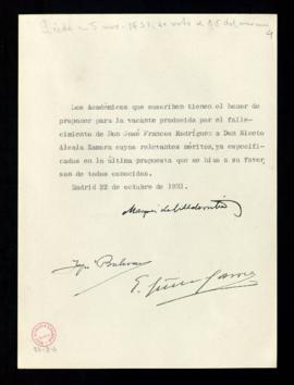 Propuesta de la candidatura firmada por el marqués de Villaurrutia, Ignacio Bolívar y Emilio Guti...