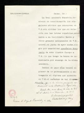 Copia del oficio del secretario perpetuo, Emilio Cotarelo y Mori, al duque de Berwick y de Alba d...