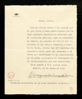Oficio del marqués de Luca de Tena al secretario en el que acusa recibo de la comunicación de la ...