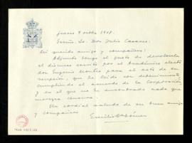 Carta de Emilio García Gómez a Julio Casares que acompaña la devolución del discurso escrito por ...