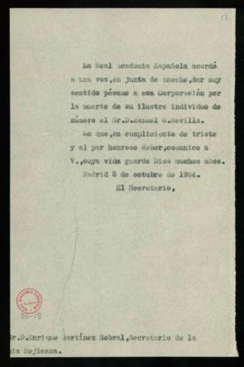 Copia del oficio de Emilio Cotarelo a Enrique M.[Martínez] Sobral, secretario de la Academia Mexi...