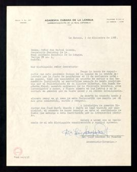 Carta de Luis Sánchez de Fuentes, secretario interino de la Academia Cubana de la Lengua, a Rafae...