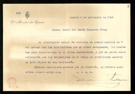 Carta de Julio Ardanaz, ministro del Ejército, a Ramón Menéndez Pidal en la que agradece la invit...
