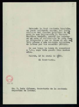 Copia del oficio de pésame del secretario a Luis Alfonso, secretario de la Academia Argentina de ...