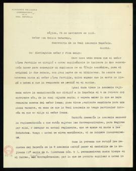 Carta de Enrique Fernández Granados a Emilio Cotarelo, secretario, en la que se interesa por el d...