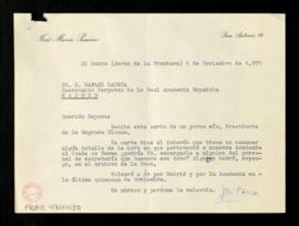Carta de José María Pemán a Rafael Lapesa en la que le traslada el interés de su yerno por conoce...