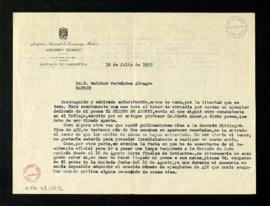 Carta de Manuel Rabanal a Melchor Fernández Almagro en la que le pregunta si ha recibido el ejemp...