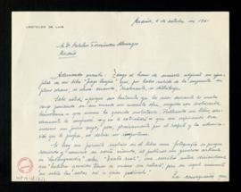 Carta de Leopoldo de Luis a Melchor Fernández Almagro con la que le envía un ejemplar de su libro...